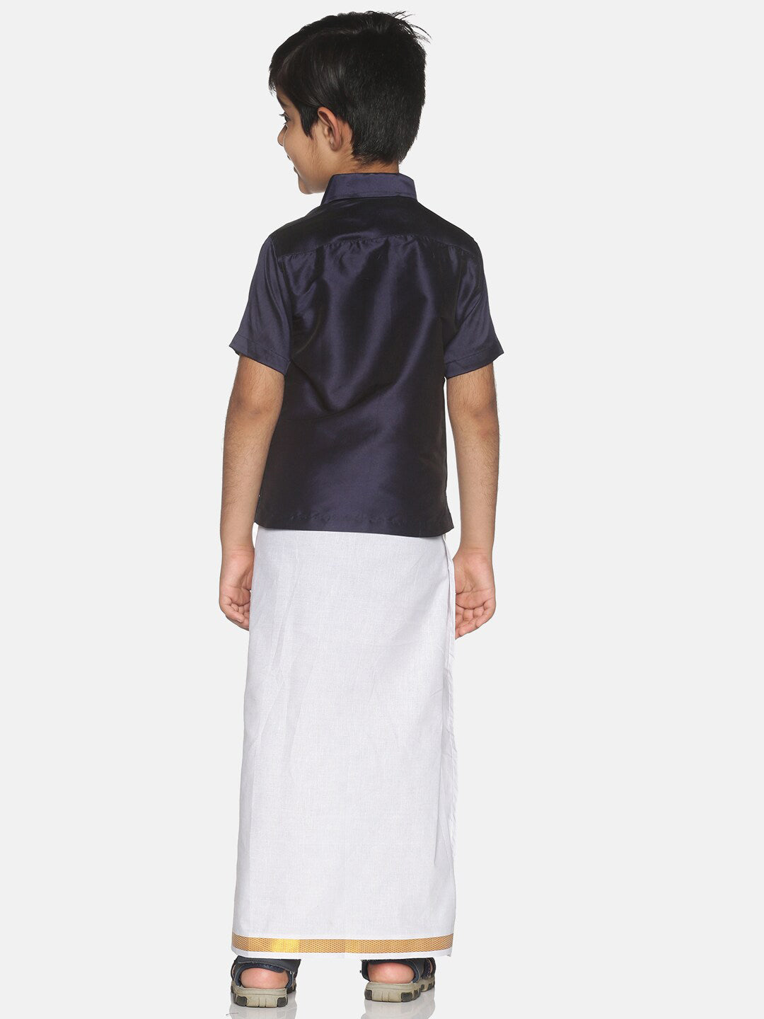 Sethukrishna Boys Navy Blue & White Solid Shirt and Veshti Set | Grocsy
