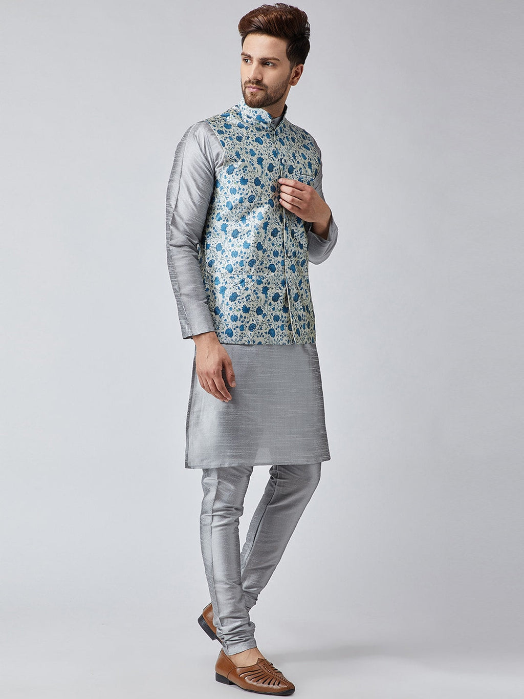 Sojanya Men Grey & Blue Self Design Kurta with Churidar & Nehru Jacket | Grocsy