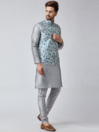 Sojanya Men Grey & Blue Self Design Kurta with Churidar & Nehru Jacket | Grocsy