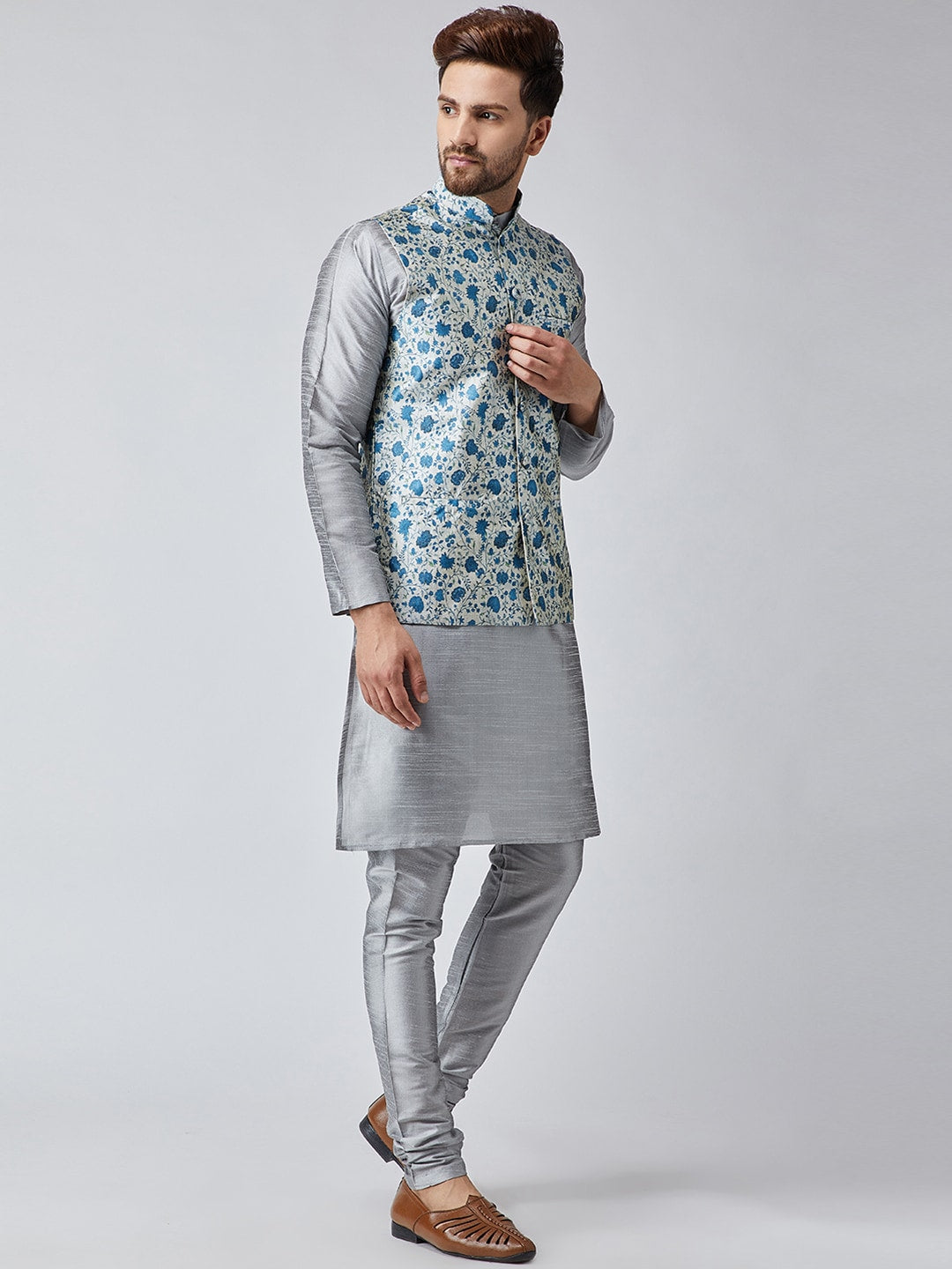 Sojanya Men Grey & Blue Self Design Kurta with Churidar & Nehru Jacket | Grocsy