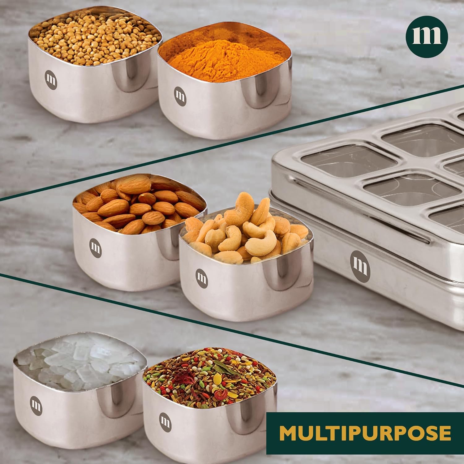 MARU Stainless Steel 9-in-1 Square Masala Dabba – Spice Box with 9 Round Containers | Grocsy