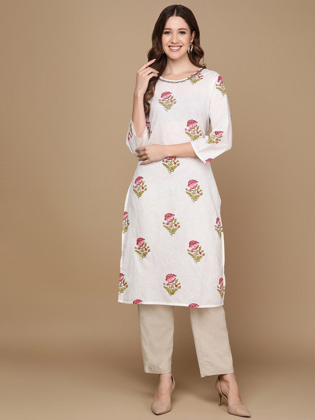 HERE&NOW White & Pink Floral Printed Pure Cotton Kurta | Grocsy