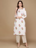 HERE&NOW White & Pink Floral Printed Pure Cotton Kurta | Grocsy