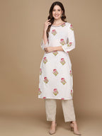HERE&NOW White & Pink Floral Printed Pure Cotton Kurta | Grocsy