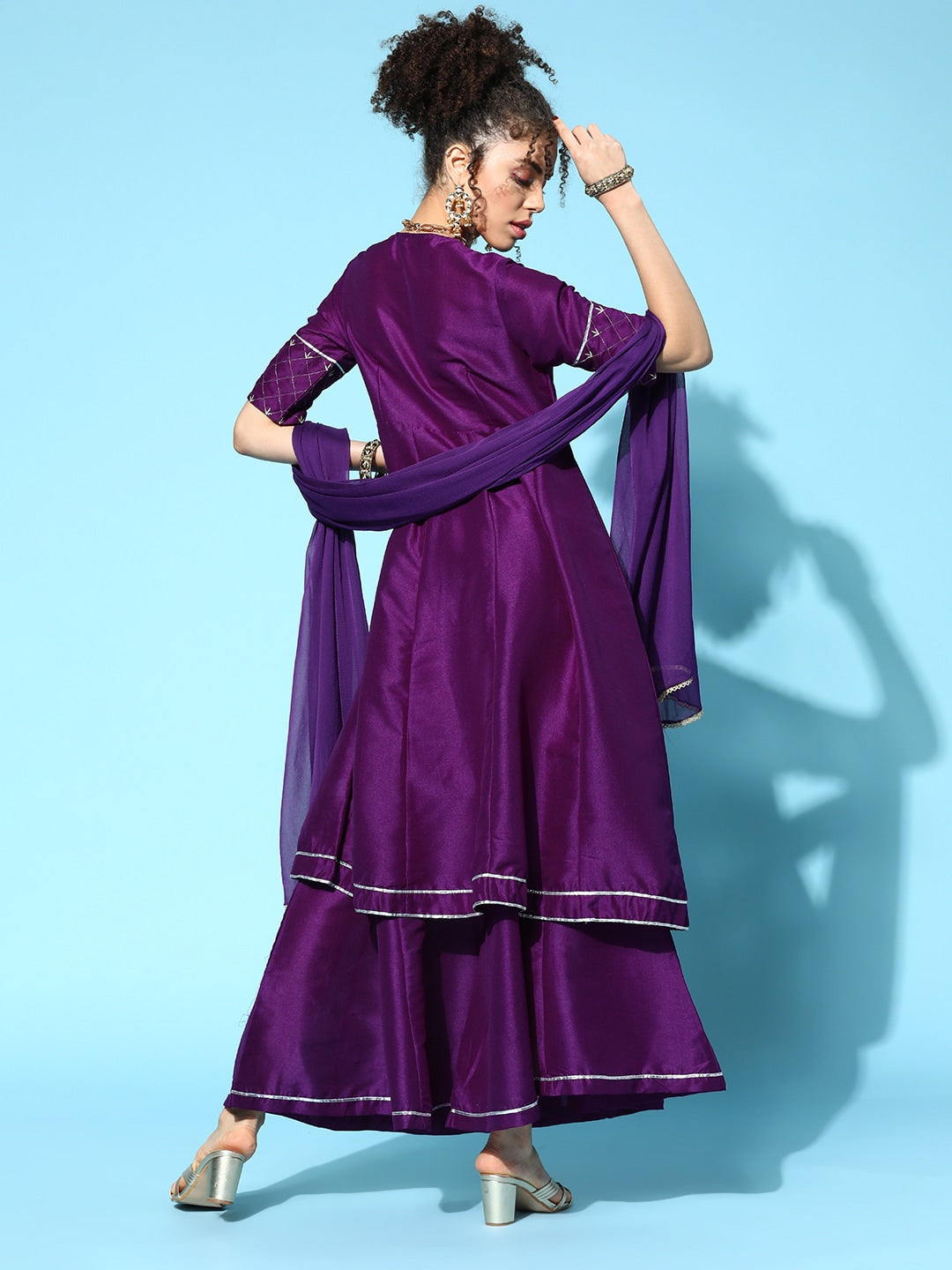 Sangria Women Purple & Silver Ethnic Motifs Gotta Patti Kurta with Palazzos & Dupatta | Grocsy