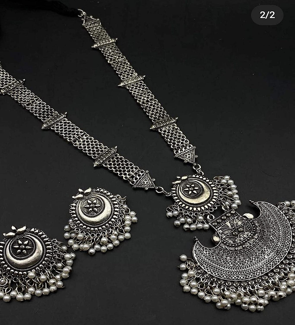 Silver-Plated Alloy Long Half Moon Oxidised Necklace - The Pari | Grocsy