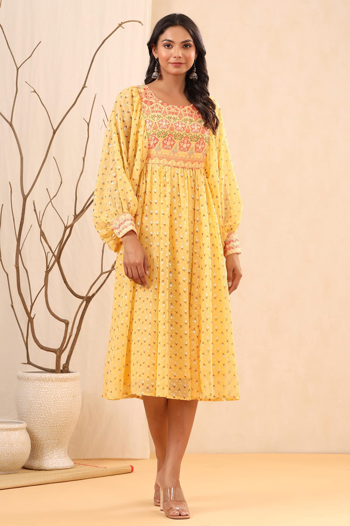 Juniper Women's Yellow Ethnic Motif Printed Georgette Midi Dress With Sequins Work | Grocsy