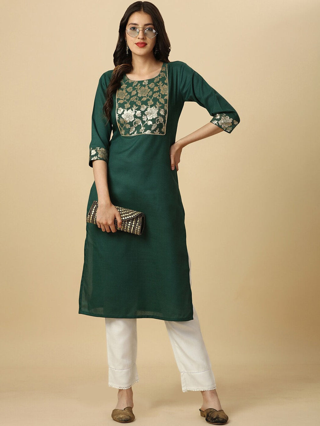 HERE&NOW Green Floral Yoke Design Gotta Patti Kurta | Grocsy