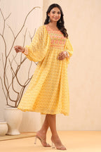 Juniper Women's Yellow Ethnic Motif Printed Georgette Midi Dress With Sequins Work | Grocsy