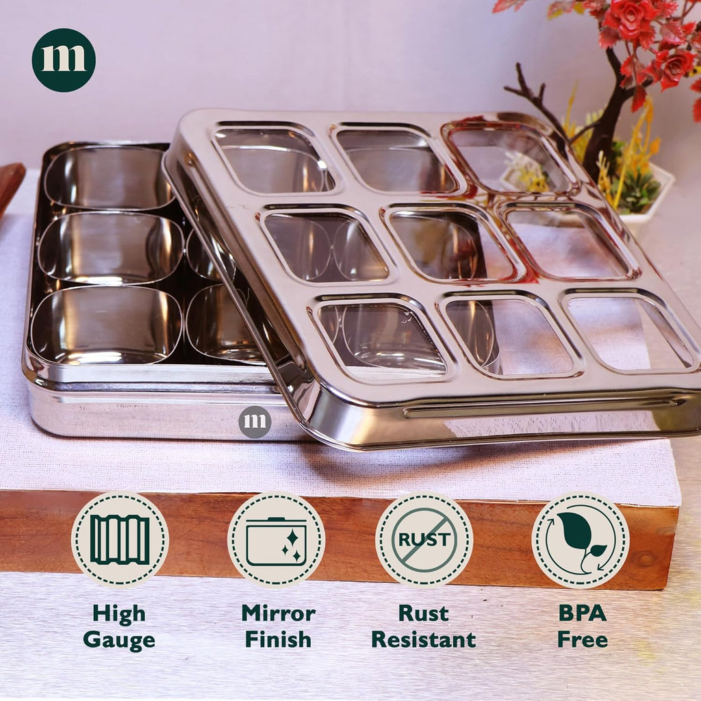 MARU Stainless Steel 9-in-1 Square Masala Dabba – Spice Box with 9 Round Containers | Grocsy