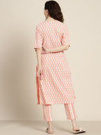 Sangria Women Peach-Coloured & White Ethnic Printed Pure Cotton Kurta set | Grocsy