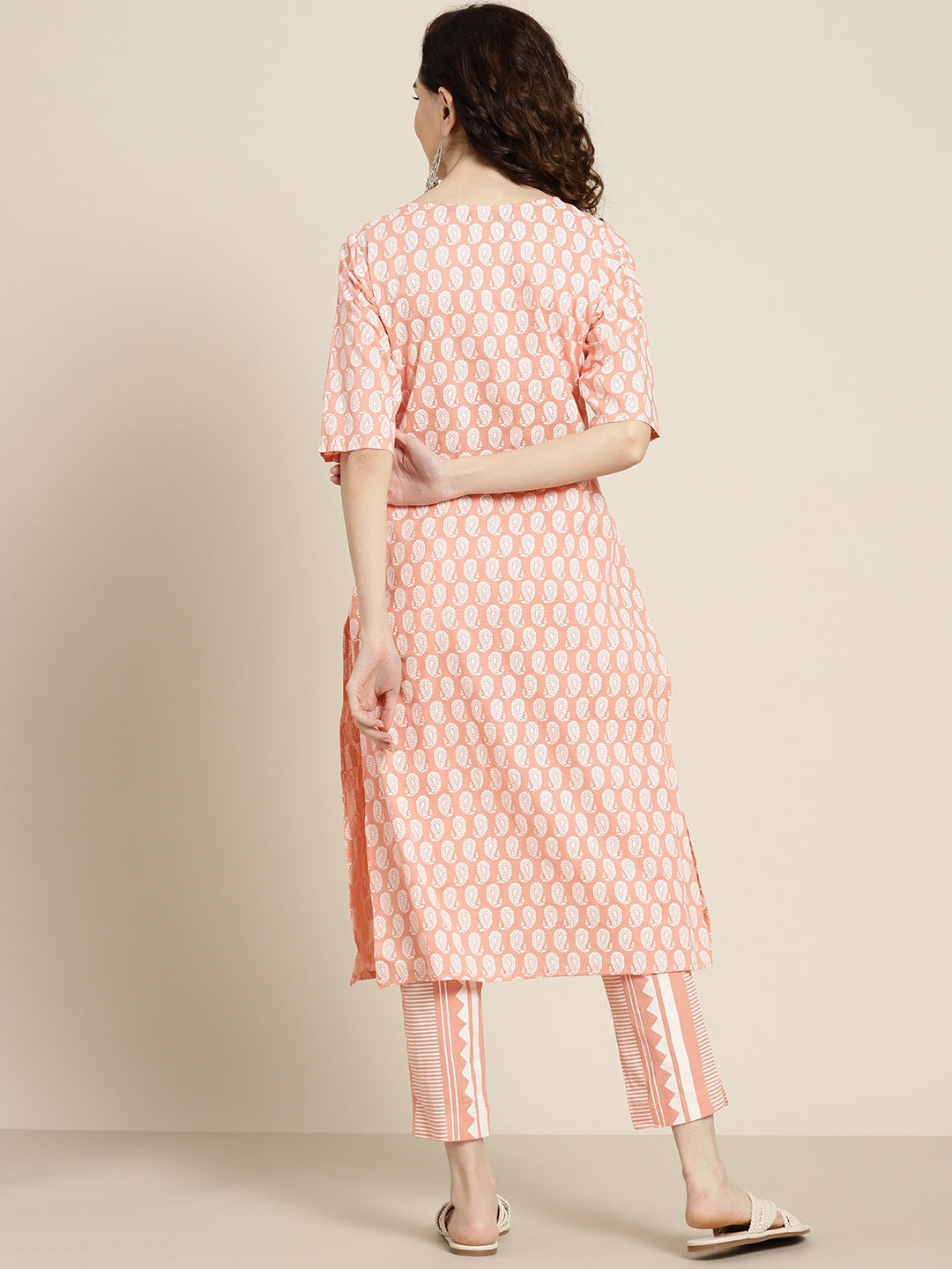 Sangria Women Peach-Coloured & White Ethnic Printed Pure Cotton Kurta set | Grocsy
