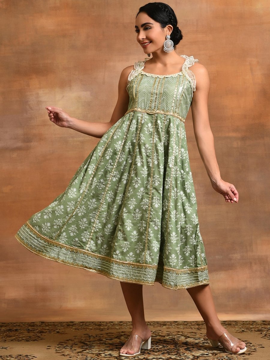 Aks Ethnic Motifs Printed Gotta Patti Pure Cotton Anarkali Kurta | Grocsy