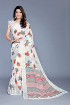 Mirchi Fashion Women's White Cotton Blend Blossom Leafs Printed Saree | Grocsy