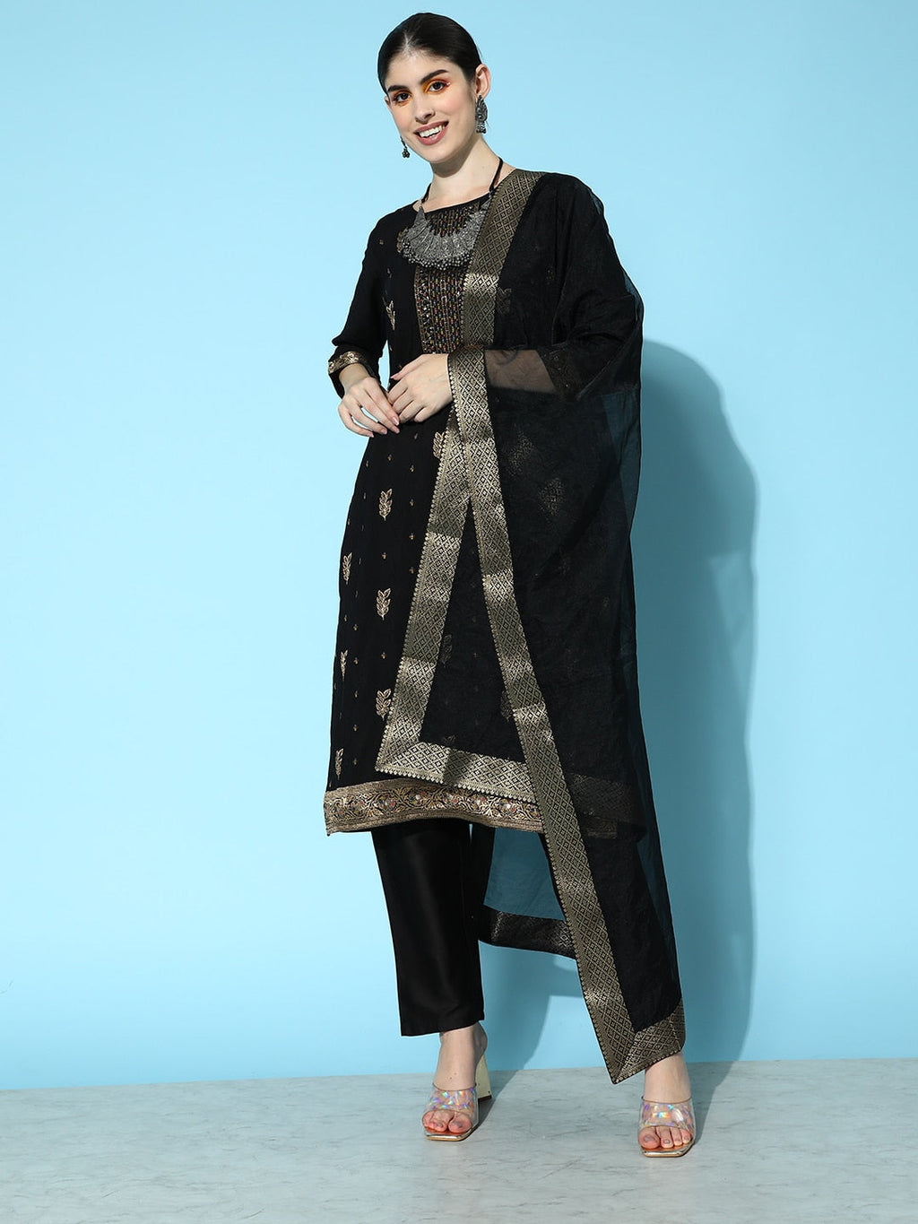 Sangria Floral Yoke Design Jacquard Kurta with Trousers & With Dupatta | Grocsy