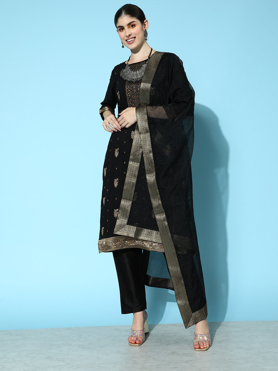 Sangria Floral Yoke Design Jacquard Kurta with Trousers & With Dupatta | Grocsy