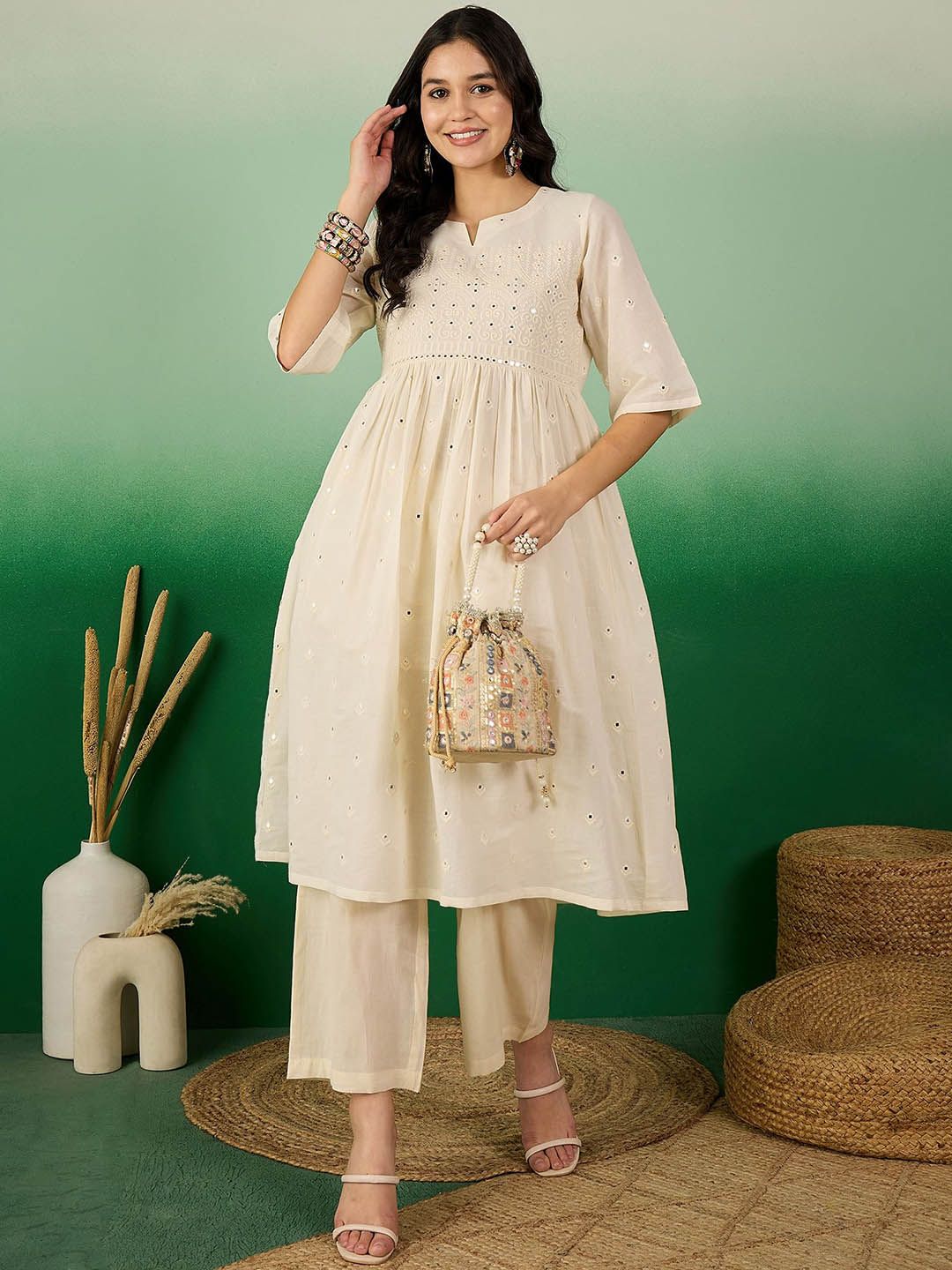 Sangria Off White Floral Embroidered Mirror Work Pure Cotton Anarkali Kurta Set | Grocsy