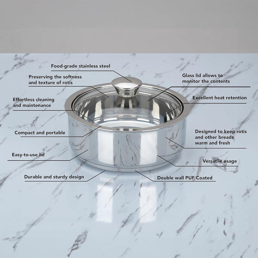Sumeet Stainless Steel Casserole with Glass Lid | 2 Pieces - 1 Ltr & 1.6 Ltr | Grocsy
