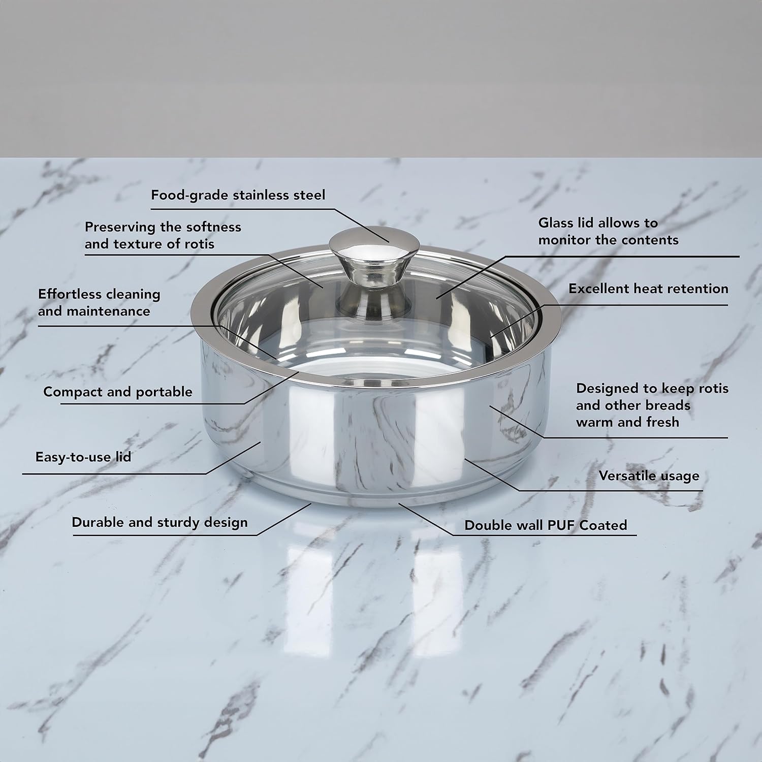 Sumeet Stainless Steel Casserole with Glass Lid | 2 Pieces - 1 Ltr & 1.6 Ltr | Grocsy