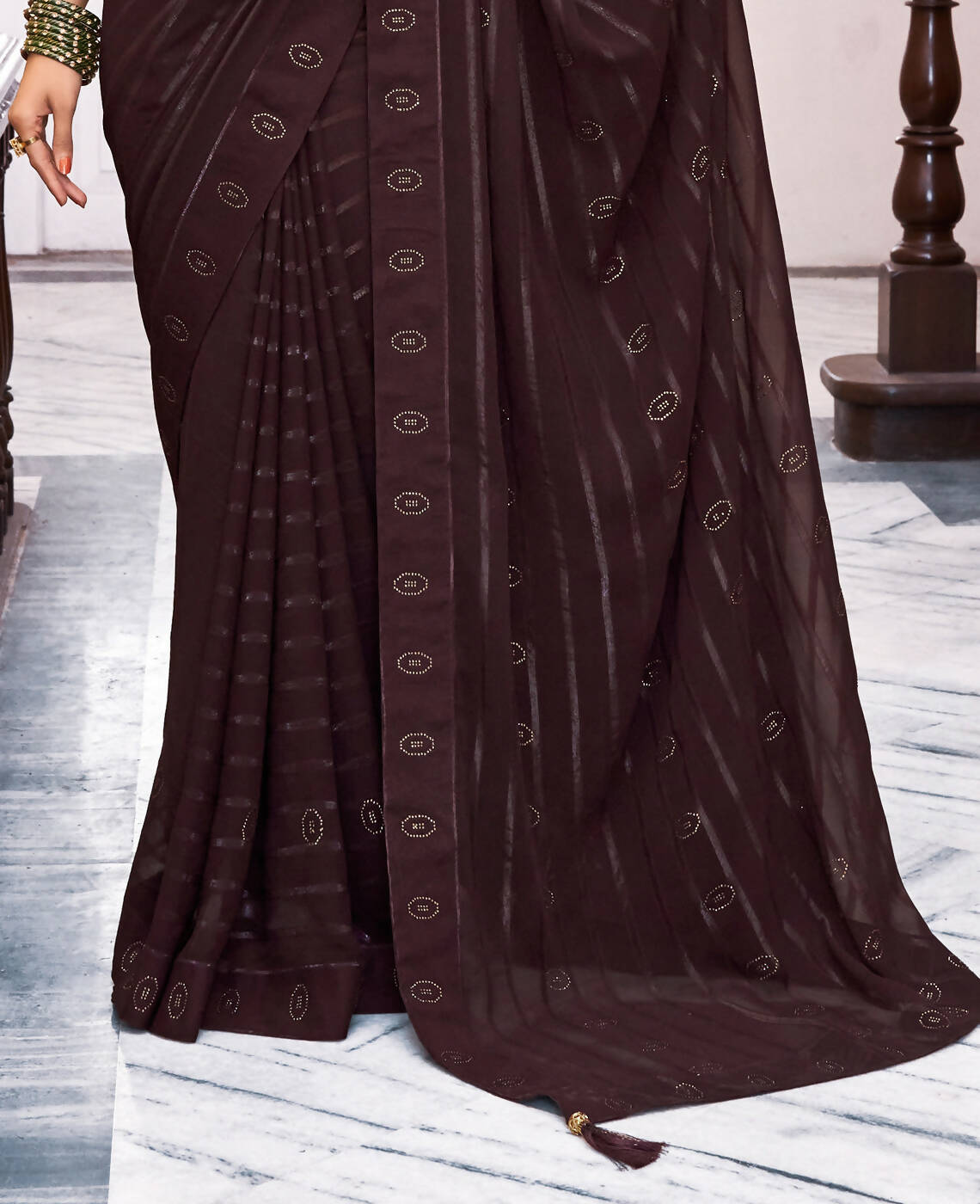 Brown Georgette Swaroski Work Saree With Unstitched Blouse Piece - Juhi | Grocsy