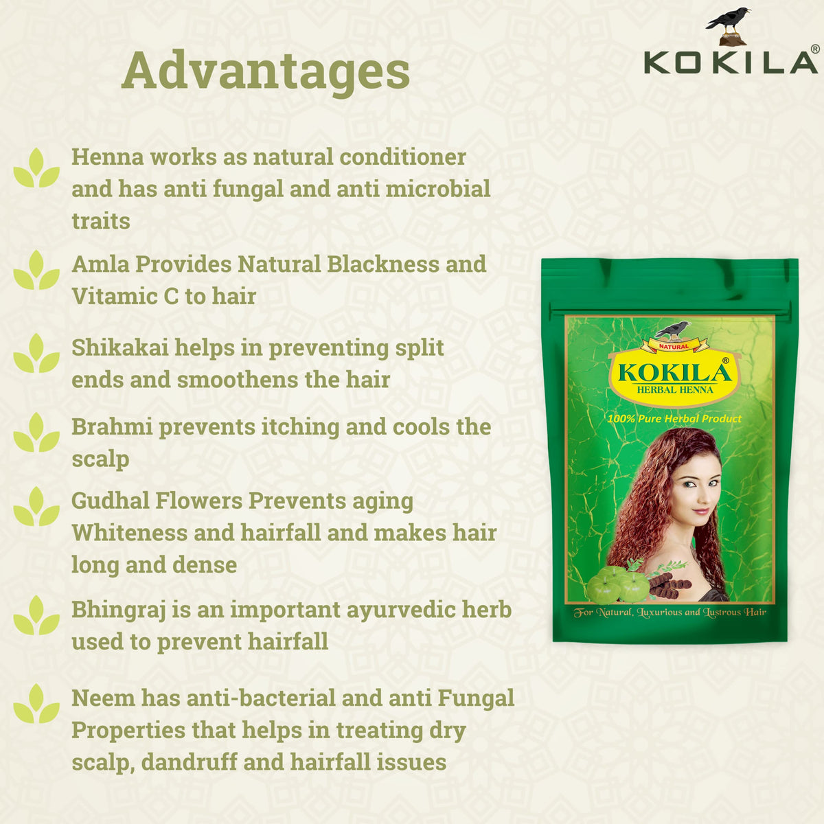 Kokila 100% Natural & Herbal Henna Mehandi Powder With 6 Ayurvedic Herbs, Organic Hair Colour | Grocsy