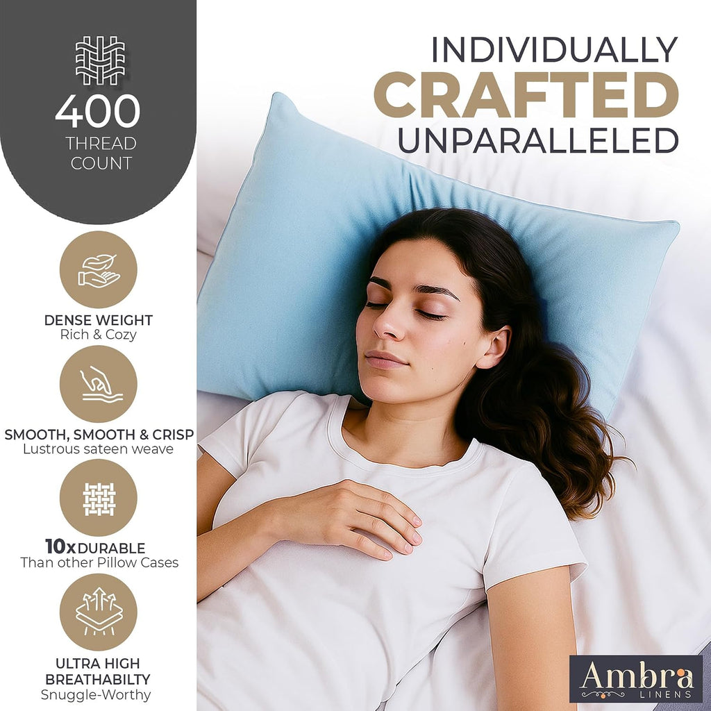 Ambra Linens Ultra Soft Pillow Protectors 400TC Set of 2 Breathable Pillow Covers-Sky Blue | Grocsy