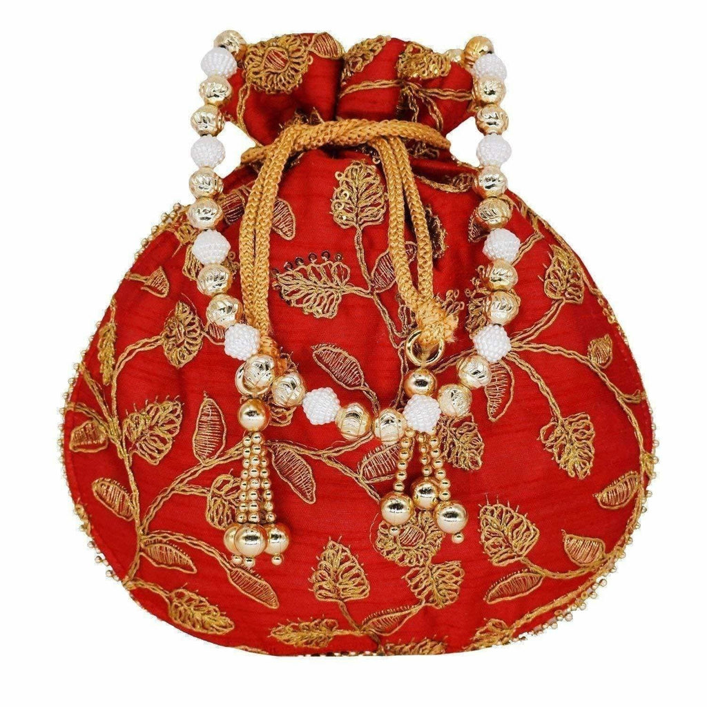 Ethnic Silk Potli bag Clutch Batwa Pouch with Embroidery and Metal Bead work Gift For Women | Grocsy