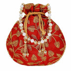 Ethnic Silk Potli bag Clutch Batwa Pouch with Embroidery and Metal Bead work Gift For Women | Grocsy