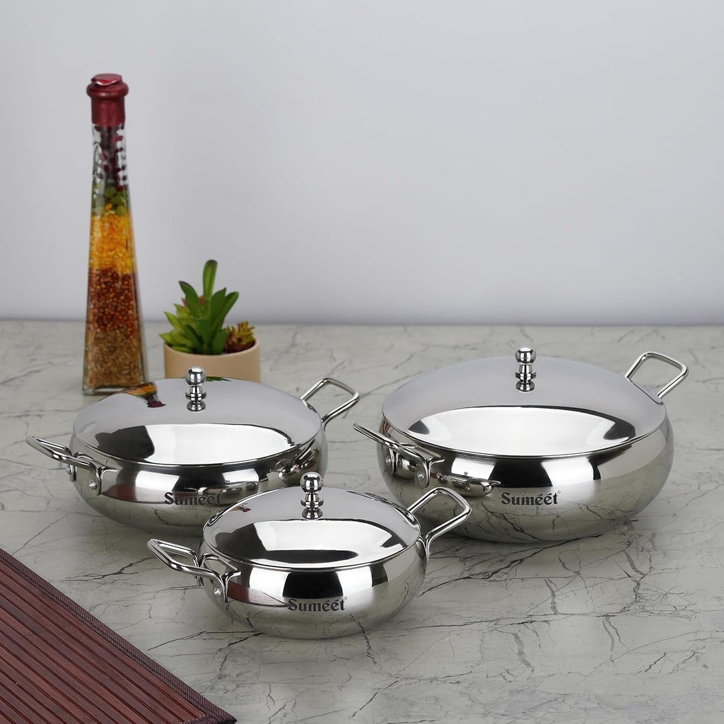 Sumeet Stainless Steel Apple Shape Cook and Serve Handi Set with Lid and Handle|3 Pieces - 650ml, 1150ml & 1700ml | Grocsy