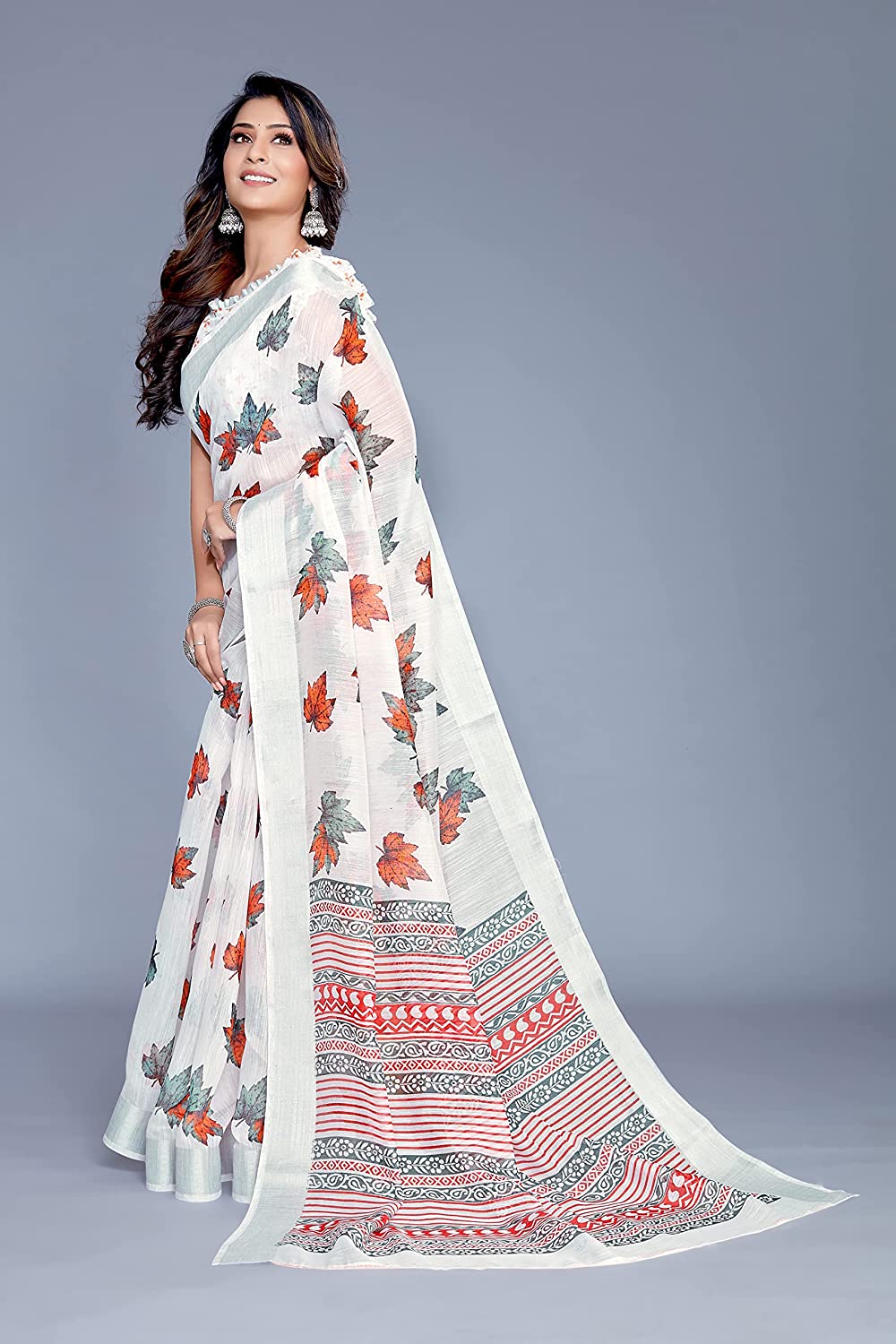 Mirchi Fashion Women's White Cotton Blend Blossom Leafs Printed Saree | Grocsy