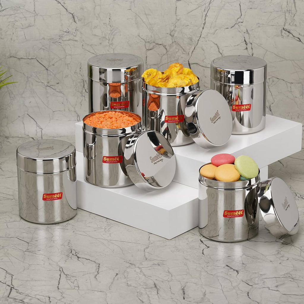 Sumeet Stainless Steel Small Canisters/Jars/Ubha Dabba/Storage Containers set of 6Pcs, 750 ML Capacity Each | Grocsy