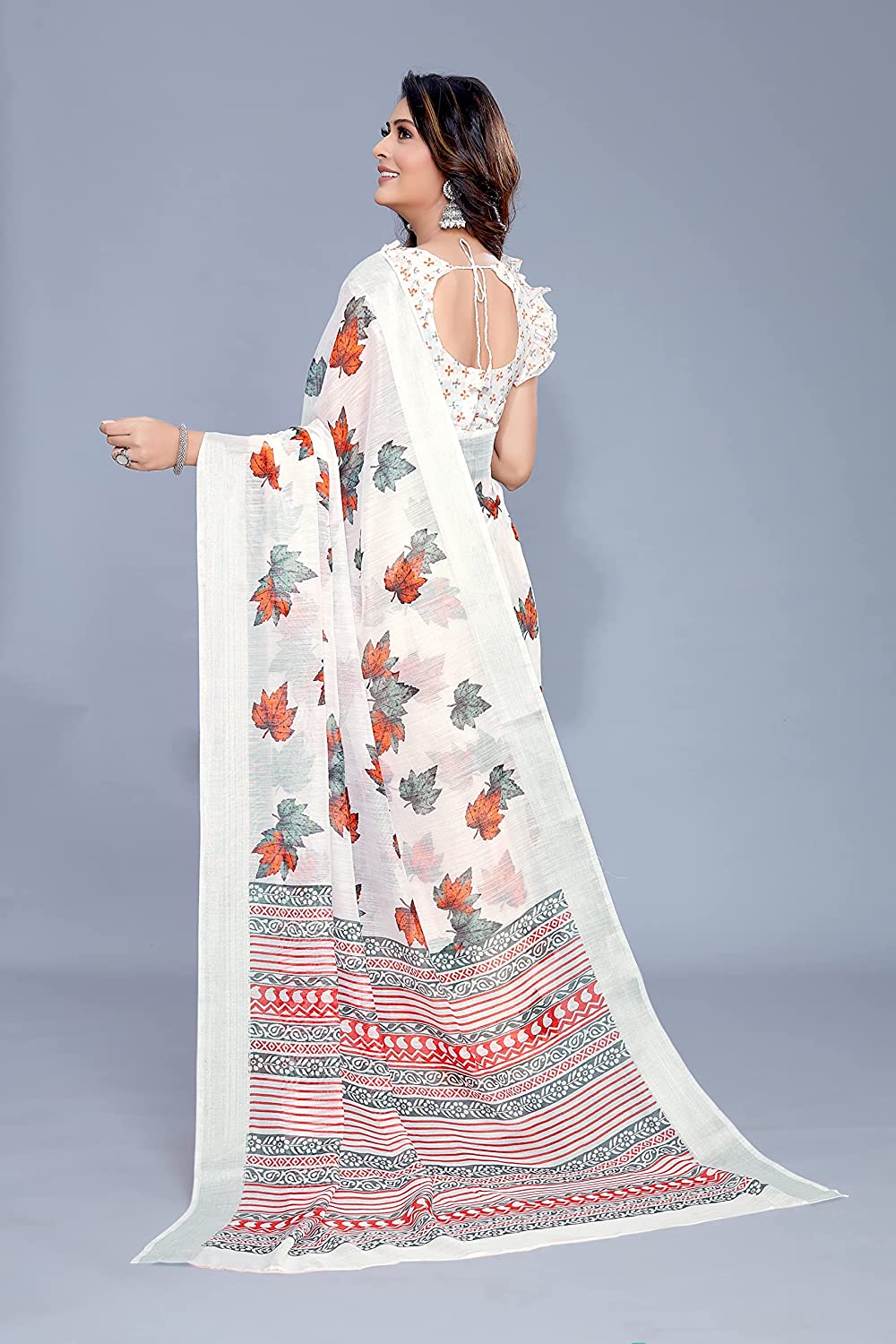 Mirchi Fashion Women's White Cotton Blend Blossom Leafs Printed Saree | Grocsy