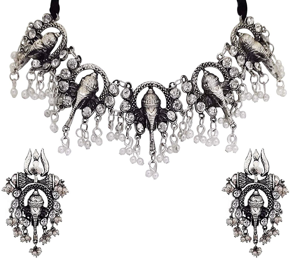 Silver-Plated Alloy Oxidised Ganesh Ji Shape Necklace - The Pari | Grocsy