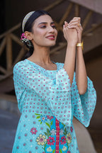 Juniper Women's Sky Blue Floral Printed Rayon Kurta With Buttons Closure At Back | Grocsy
