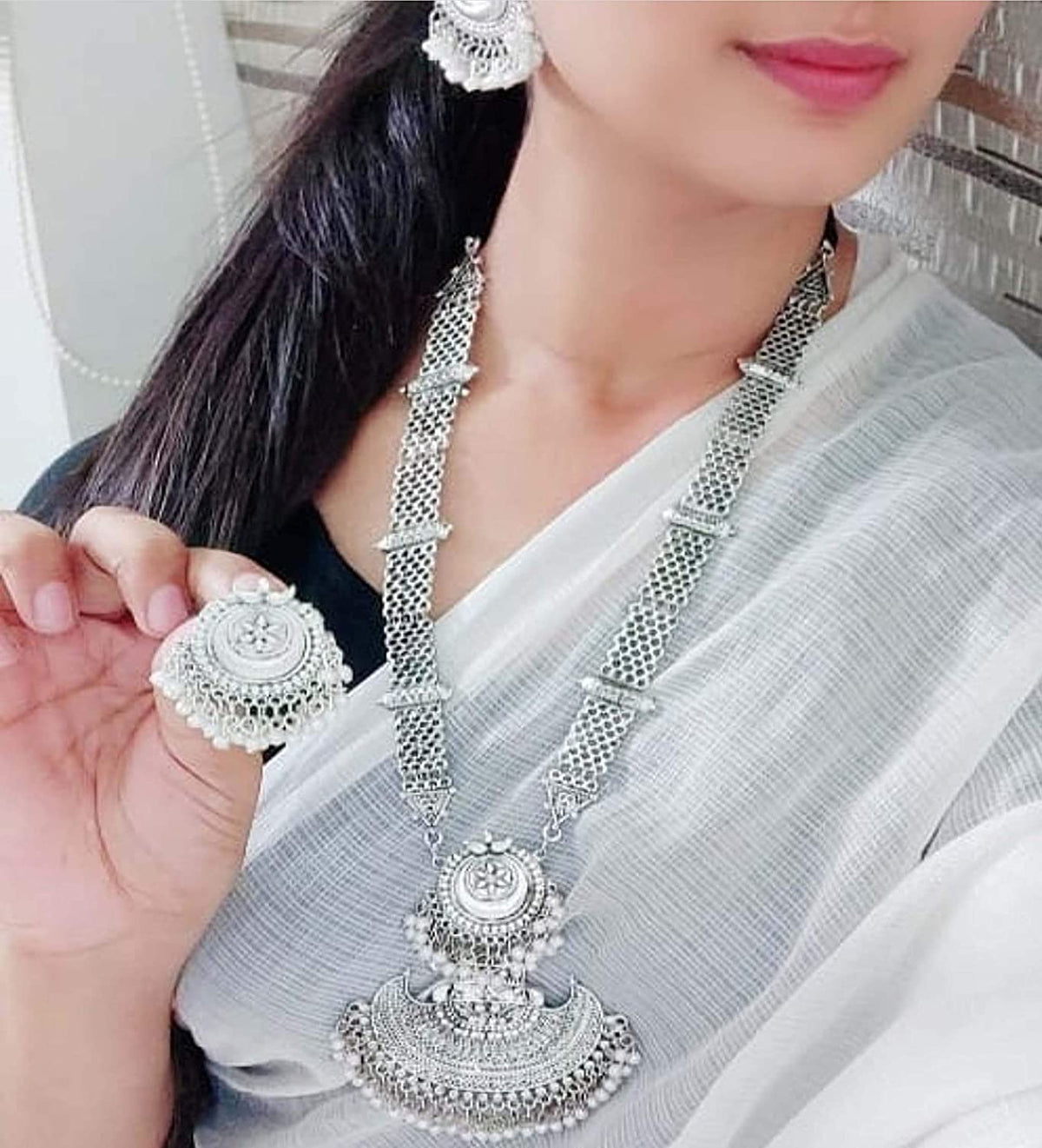 Silver-Plated Alloy Long Half Moon Oxidised Necklace - The Pari | Grocsy