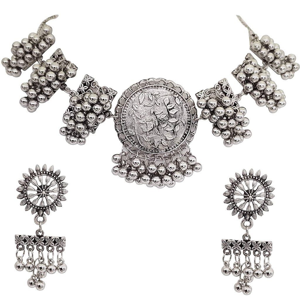 Silver-Plated Alloy Designer Round Motif Oxidised Necklace - The Pari | Grocsy