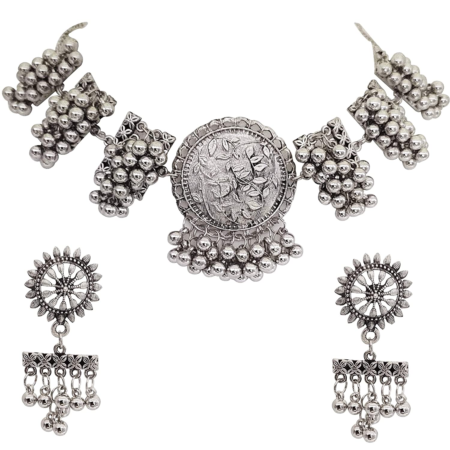 Silver-Plated Alloy Designer Round Motif Oxidised Necklace - The Pari | Grocsy