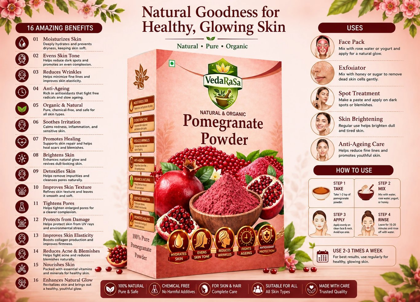 VedaRasa Pomegranate Powder For Glowing Skin & Immunity Boost Natural Fruit Powder | Grocsy