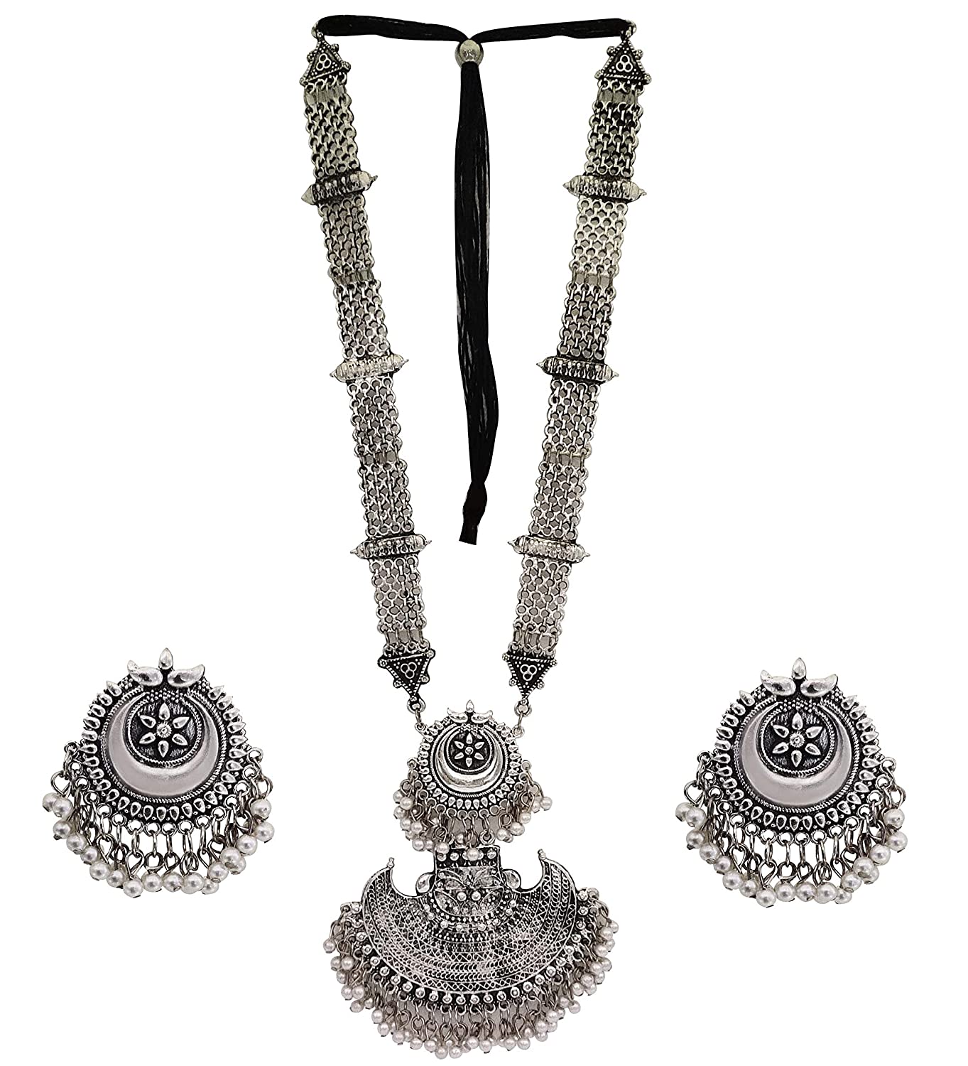 Silver-Plated Alloy Long Half Moon Oxidised Necklace - The Pari | Grocsy