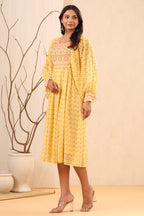 Juniper Women's Yellow Ethnic Motif Printed Georgette Midi Dress With Sequins Work | Grocsy