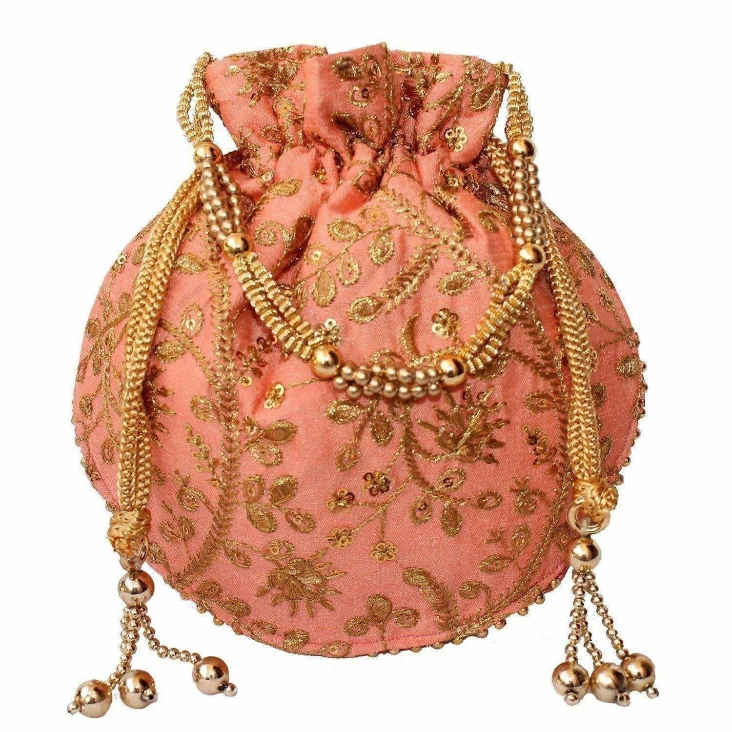Ethnic Clutch Silk Potli Batwa Pouch Bag with Metal Bead work Gift | Grocsy