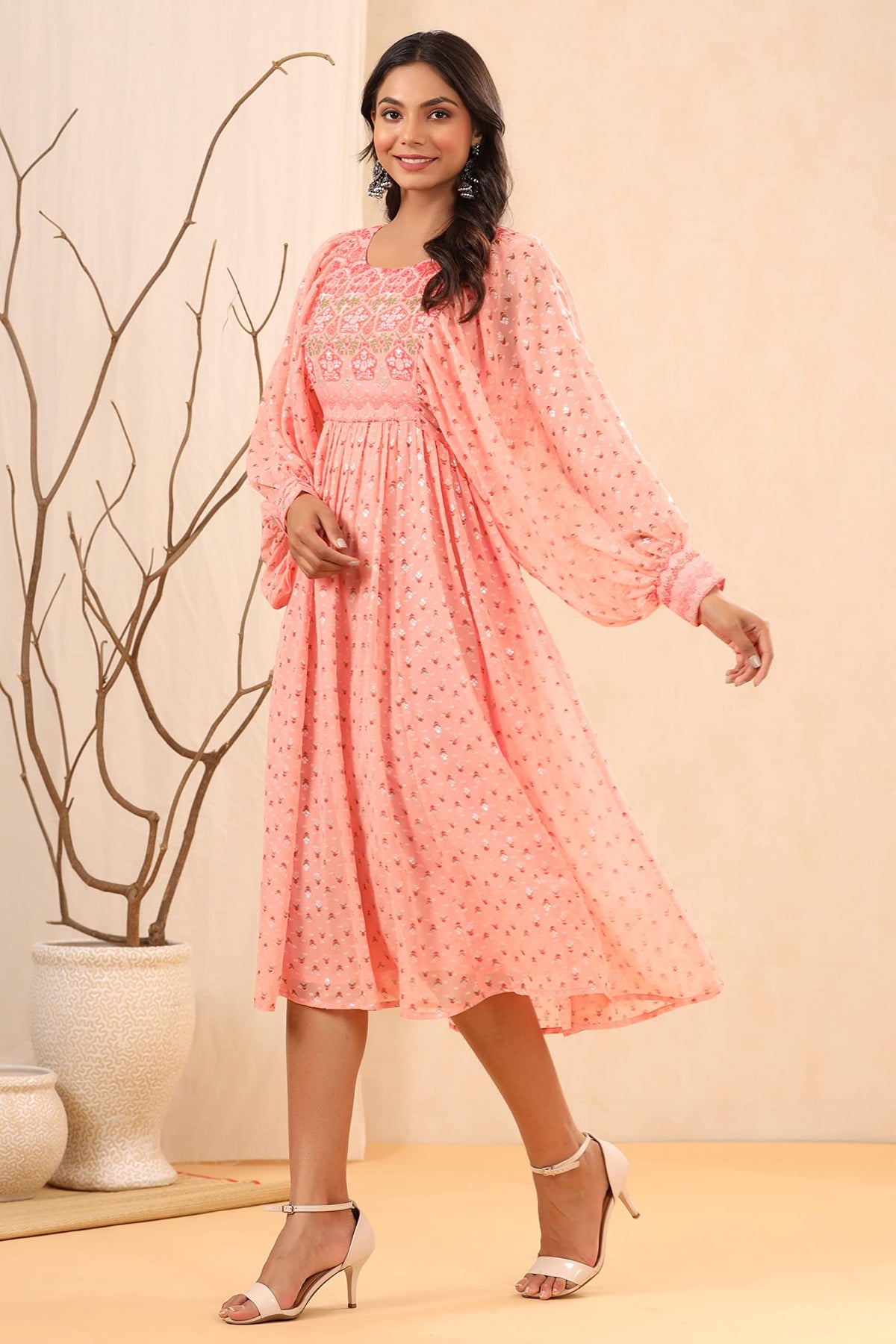 Juniper Women's Peach Ethnic Motif Printed Georgette Midi Dress With Sequins Work | Grocsy
