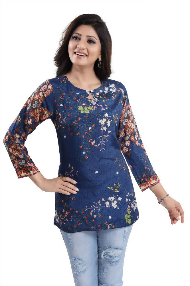 Snehal Creations Blend Well Beautiful Blue Faux Crepe Printed Tunic Top | Grocsy
