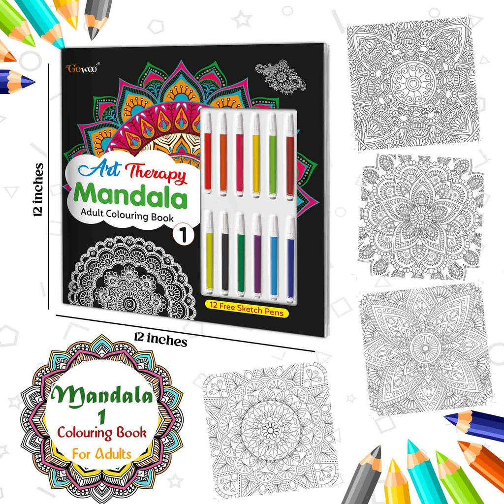 Art Therapy Mandala Adult Colouring Book 1: Mandala Colouring Book, Adult Coloring Book Kit With 12 Sketch Pens, Fun For Adults, Relaxing Coloring Workbook | Grocsy