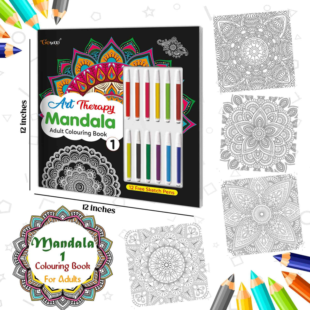 Art Therapy Mandala Adult Colouring Book 1: Mandala Colouring Book, Adult Coloring Book Kit With 12 Sketch Pens, Fun For Adults, Relaxing Coloring Workbook | Grocsy