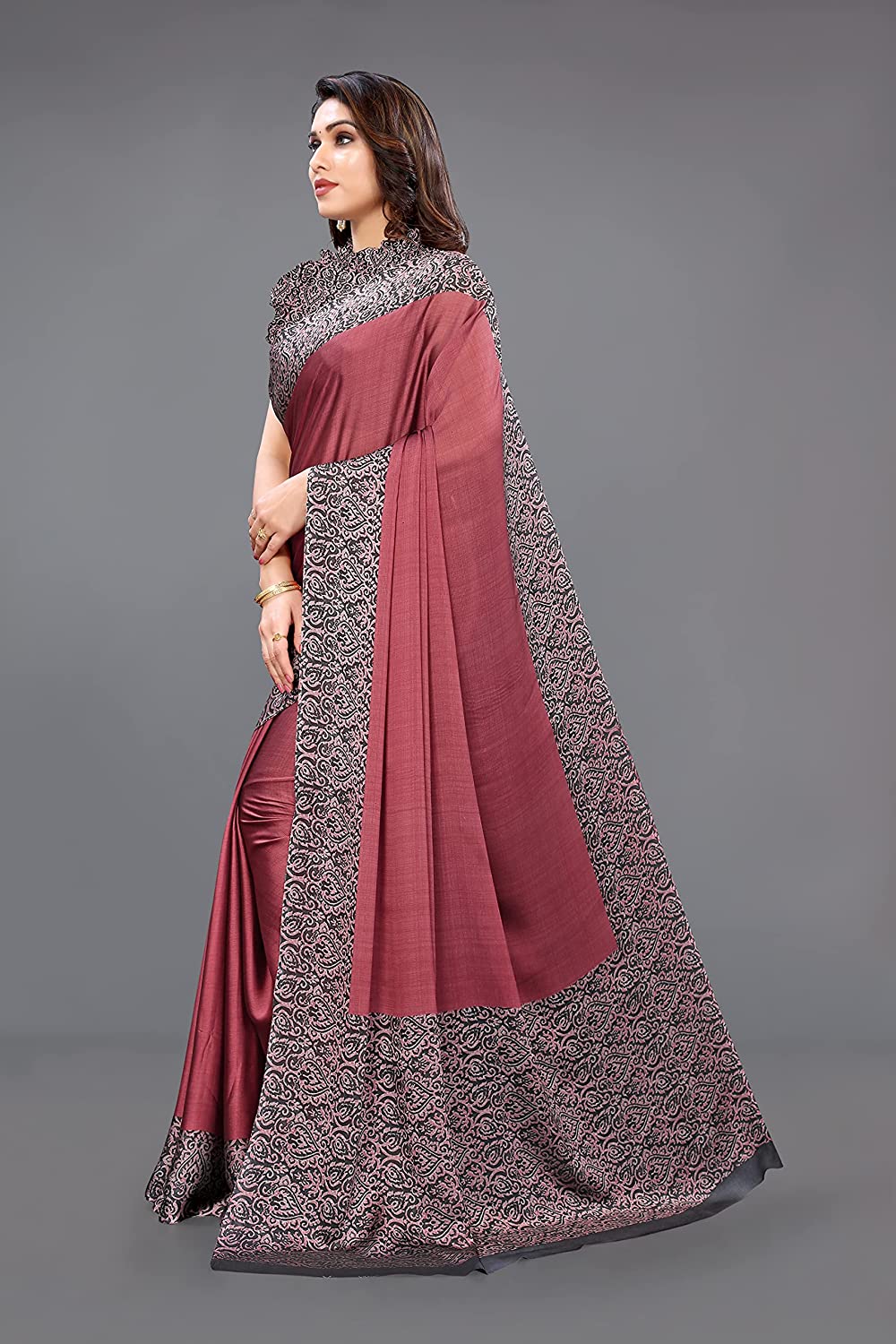 Mirchi Fashion Women's Pink & Black Printed Chiffon Saree | Grocsy