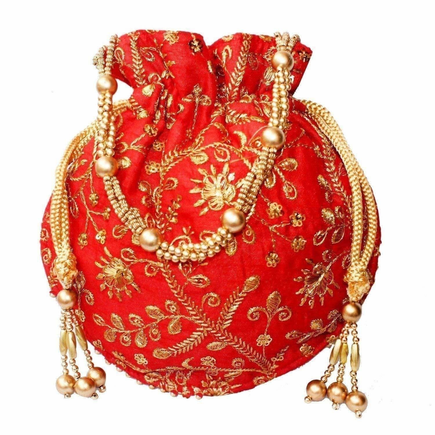 Ethnic Clutch Silk Potli Batwa Pouch Bag with Metal Bead work Gift | Grocsy