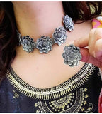 Silver-Plated Alloy Oxidised Rose Shape Necklace - The Pari | Grocsy