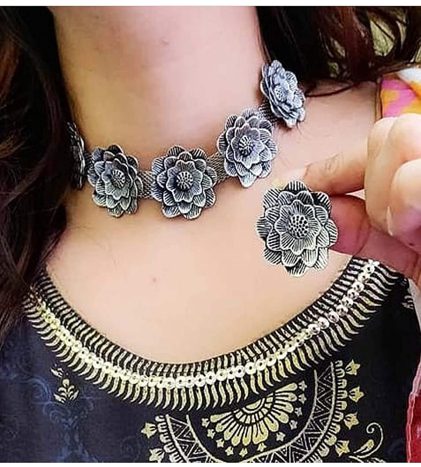 Silver-Plated Alloy Oxidised Rose Shape Necklace - The Pari | Grocsy