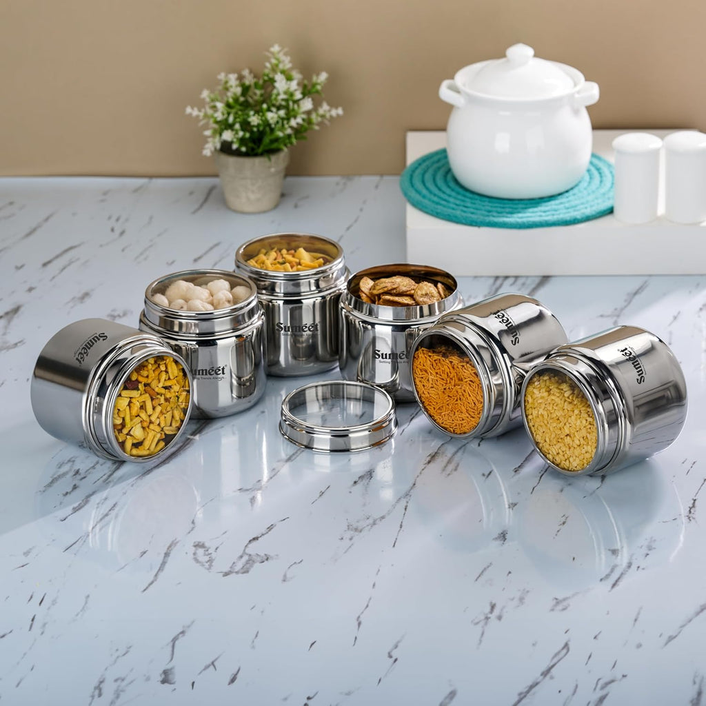 Sumeet Stainless Steel Small Canisters/Dabba/Storage Containers for Kitchen with Lid, Set of 6 Pcs, 400ml Each, 9cm Dia, Silver | Grocsy